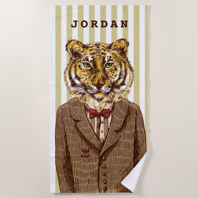 Tiger In Evening Wear | Add Your Name Beach Towel (Front)