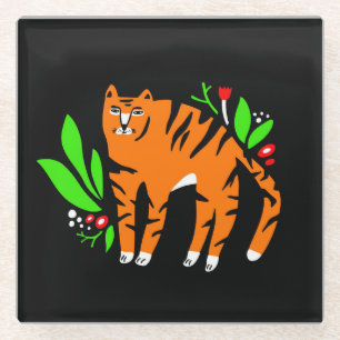 Tiger in flowers glass coaster