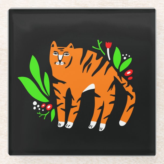 Tiger in flowers glass coaster (Front)