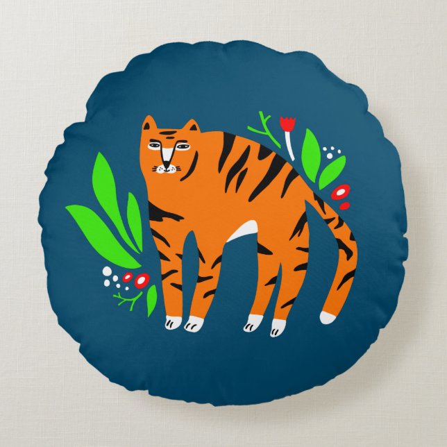 Tiger in flowers round pillow (Front)