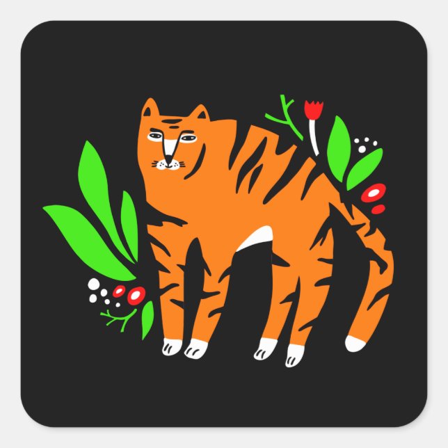 Tiger in flowers square sticker (Front)