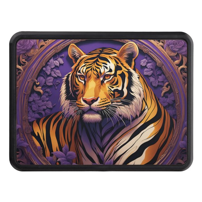 Tiger in purple and gold trailer hitch cover (Front)