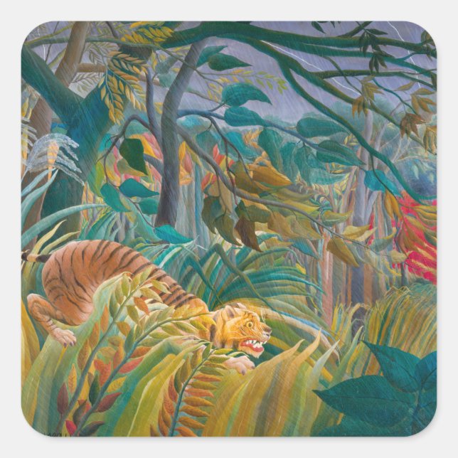 Tiger in Storm Tropical Forest Exotic Jungle Square Sticker (Front)