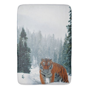 tiger in the snow bath mat