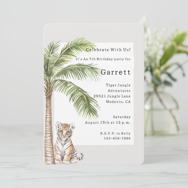 Tiger Jungle Animal Palm Tree Birthday   Invitation (Standing Front)