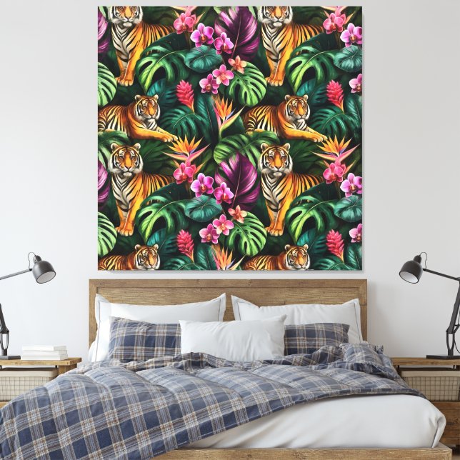 Tiger Jungle Dreams Seamless Surface Pattern Canvas Print (Insitu(Bedroom))