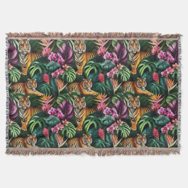 Tiger Jungle Dreams Seamless Surface Pattern Throw Blanket (Front)