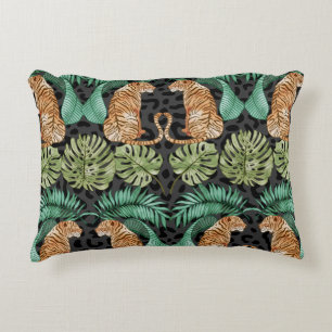 Tiger Leaves: Watercolor Jungle Seamless. Accent Pillow