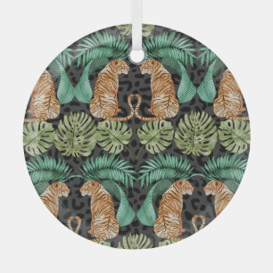 Tiger Leaves: Watercolor Jungle Seamless. Glass Ornament