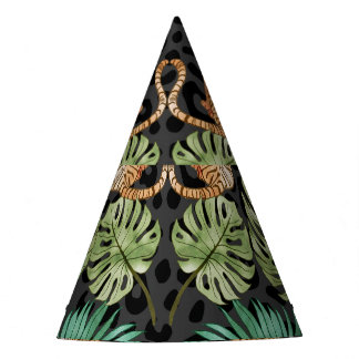 Tiger Leaves: Watercolor Jungle Seamless. Party Hat