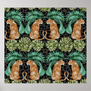 Tiger Leaves: Watercolor Jungle Seamless. Poster