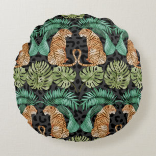 Tiger Leaves: Watercolor Jungle Seamless. Round Pillow