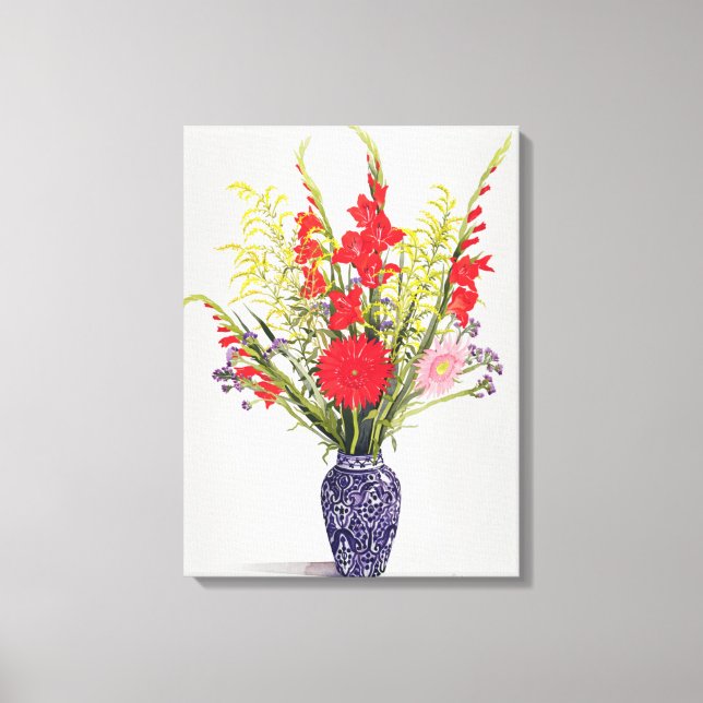 Tiger Lilies Gladioli and Scabious in a Blue Canvas Print (Front)