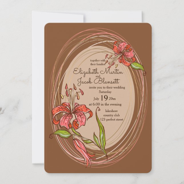 Tiger Lilies Wedding, brown Invitation (Front)