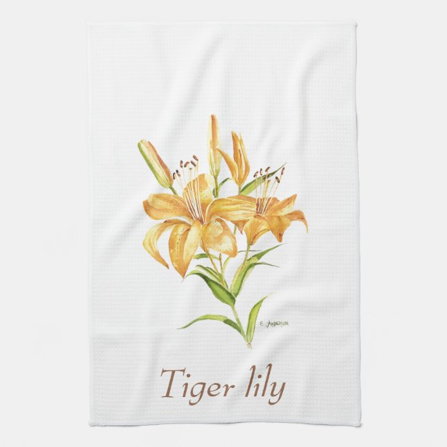 Tiger lily botanical floral watercolor  kitchen towel (Vertical)