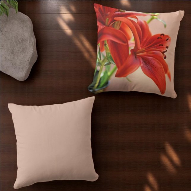 Tiger Lily Flower Close-Up Photograph Throw Pillow (throw pillow front flower photo and back matching solid color)