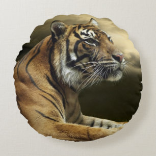 Tiger looking and sitting under dramatic sky round pillow