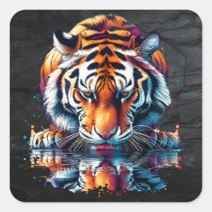 Tiger looking at Reflection in Water Square Sticker