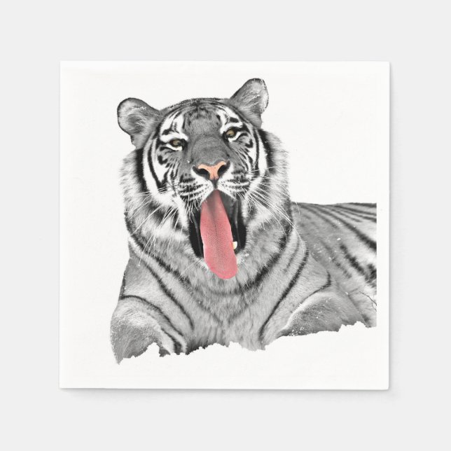Tiger lying in snow and showing tongue napkin (Front)