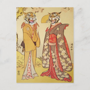 Tiger Man and Wife Japanese Print Couple Postcard