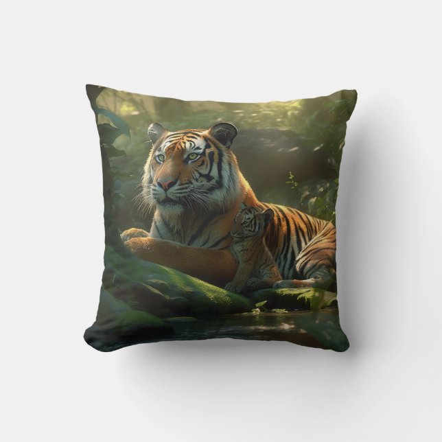 Tiger Maternal Affection Throw Pillow (Front)