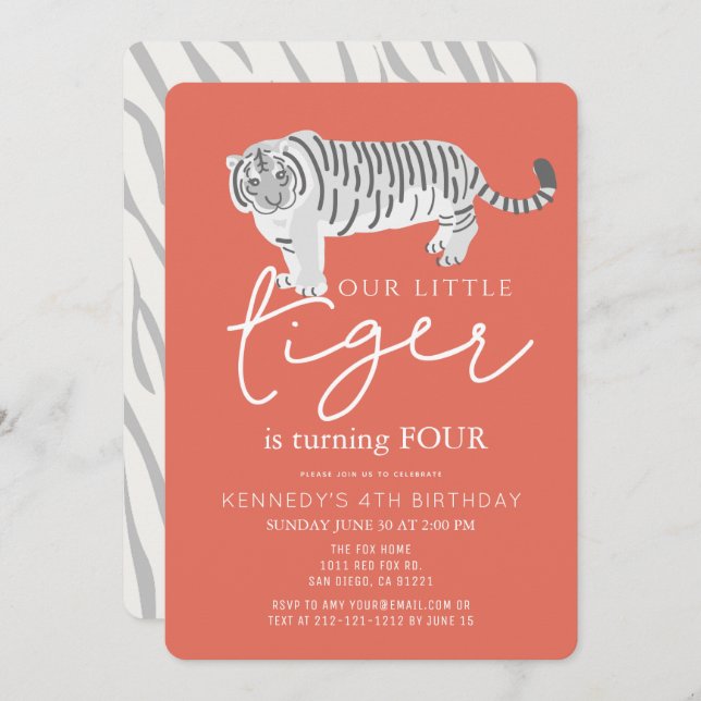 Tiger Modern Red Kids Birthday Invitation (Front/Back)
