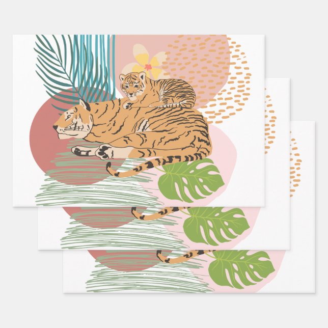 Tiger Mom and Baby In the Jungle Wrapping Paper Sheet (Set)