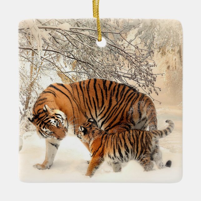 tiger mom and baby porcelain ornament (Front)