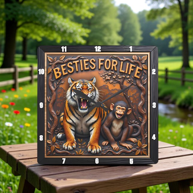 Tiger Monkey Besties Jungle Square Wall Clock (Creator Uploaded)