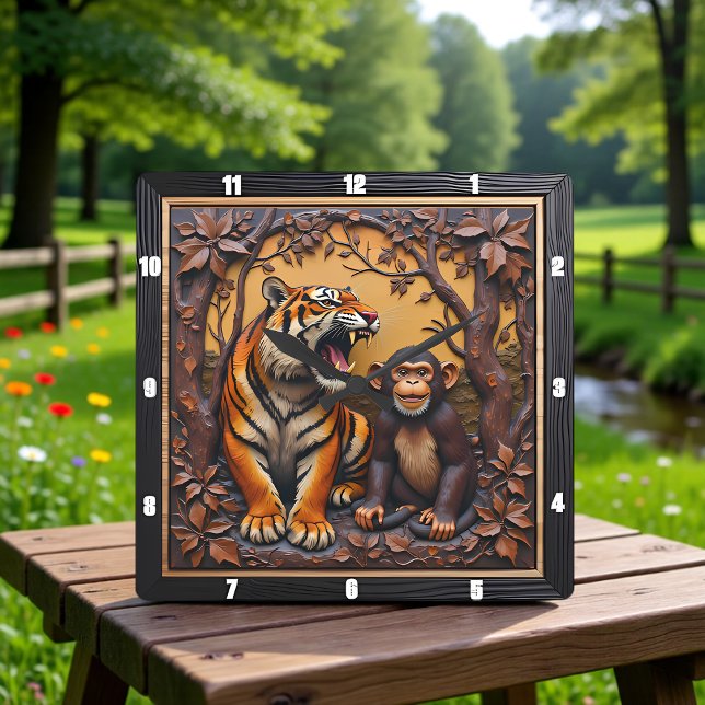 Tiger Monkey Jungle Carved Square Wall Clock (Creator Uploaded)
