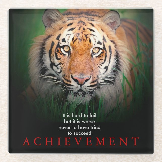 Tiger Motivational Achievement Glass Coaster (Front)