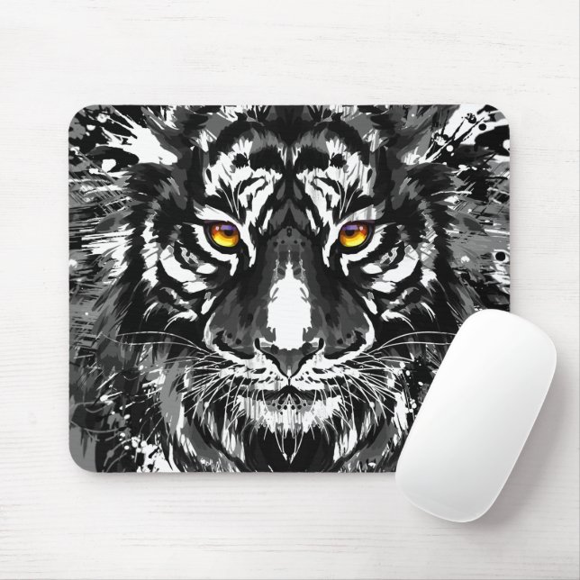 Tiger Mousepad - Black and White Tiger Drawing (With Mouse)