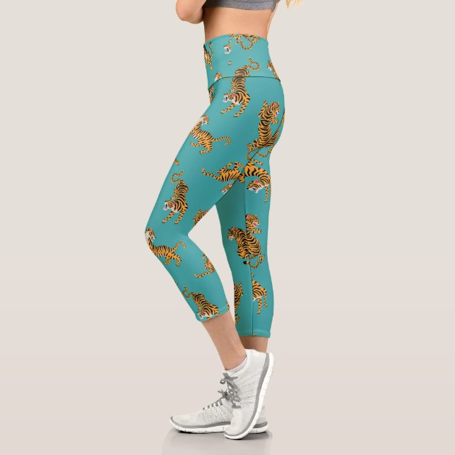 Tiger on Teal Pattern Capri Leggings (Left)