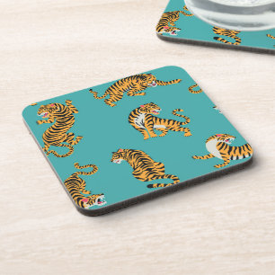 Tiger on Teal Pattern Coaster