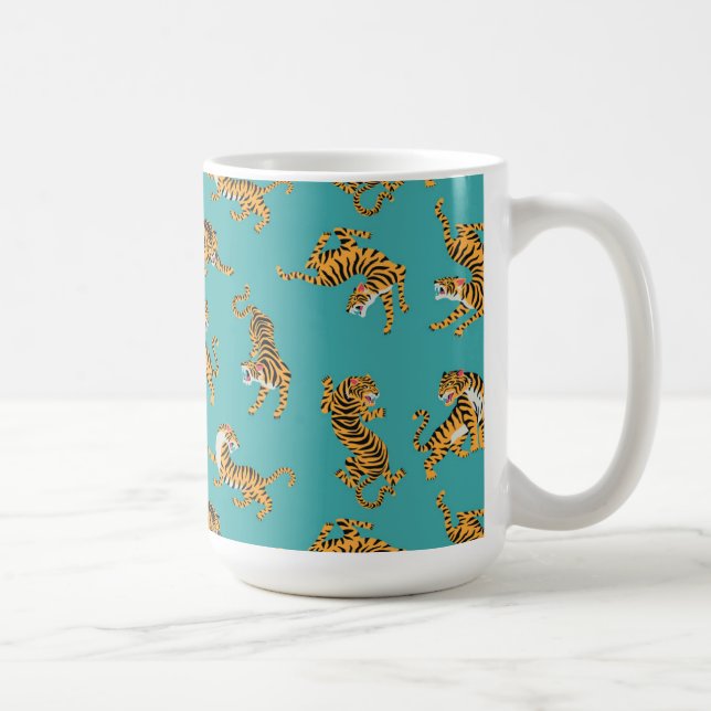 Tiger on Teal Pattern Coffee Mug (Right)