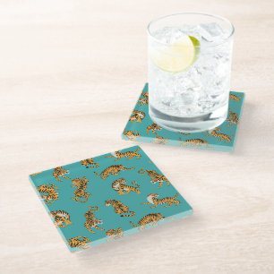 Tiger on Teal Pattern Glass Coaster
