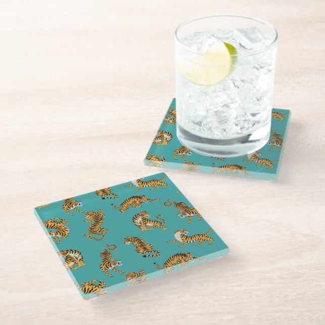 Tiger on Teal Pattern Glass Coaster (Angled)