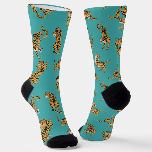 Tiger on Teal Pattern Socks (Angled)