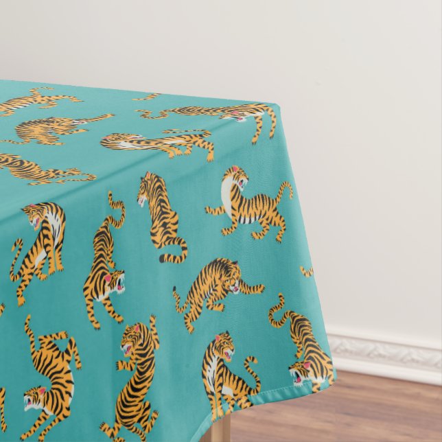 Tiger on Teal Pattern Tablecloth (In Situ)