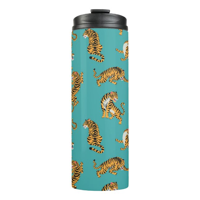 Tiger on Teal Pattern Thermal Tumbler (Front)