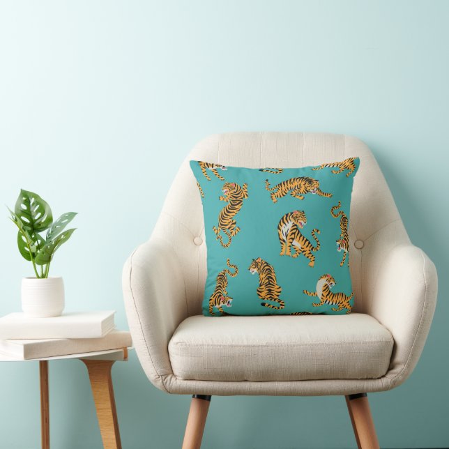 Tiger on Teal Pattern Throw Pillow (Chair)