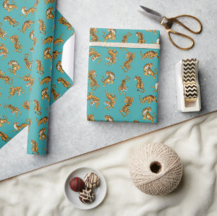 Tiger on Teal Pattern Wrapping Paper