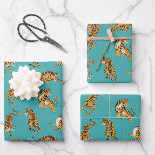 Tiger on Teal Pattern Wrapping Paper Sheet