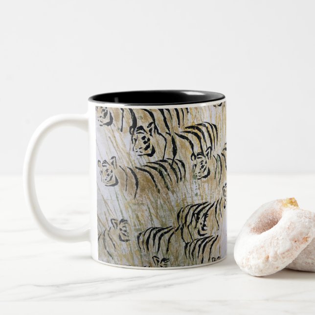 Tiger Painting Pattern Art Two-Tone Coffee Mug (With Donut)