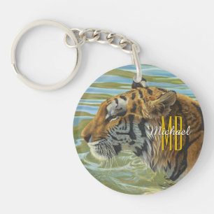 Tiger Painting, Personalize Monogram & Script Name Keychain