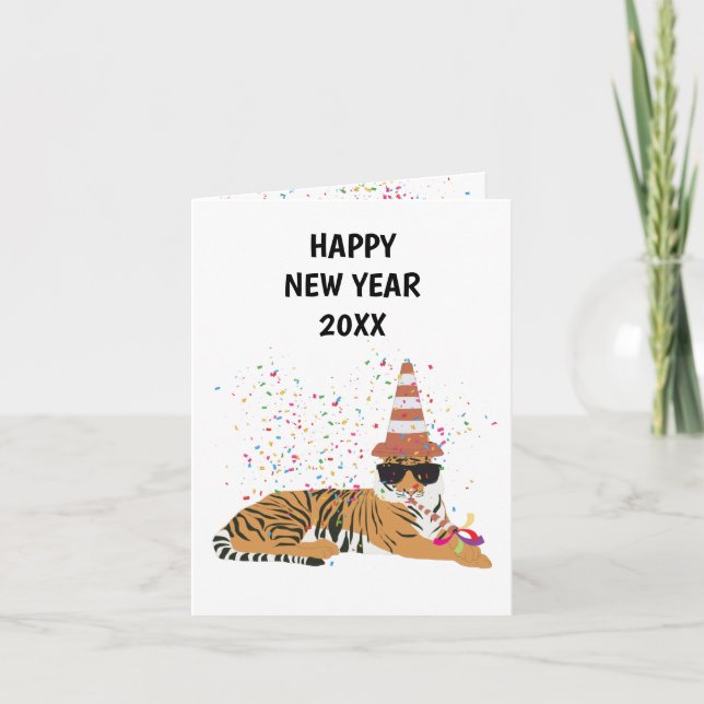 Tiger Partying - Animals Holiday New Years Card (Front)