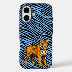 Tiger Pattern in Light Blue with Tiger iPhone 16 Case