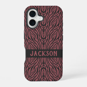 Tiger Pattern in Red and Gray with Name iPhone 16 Case