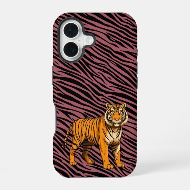 Tiger Pattern in Red with Tiger iPhone 16 Case (Back)