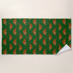 Tiger Pattern with Green Background Beach Towel
